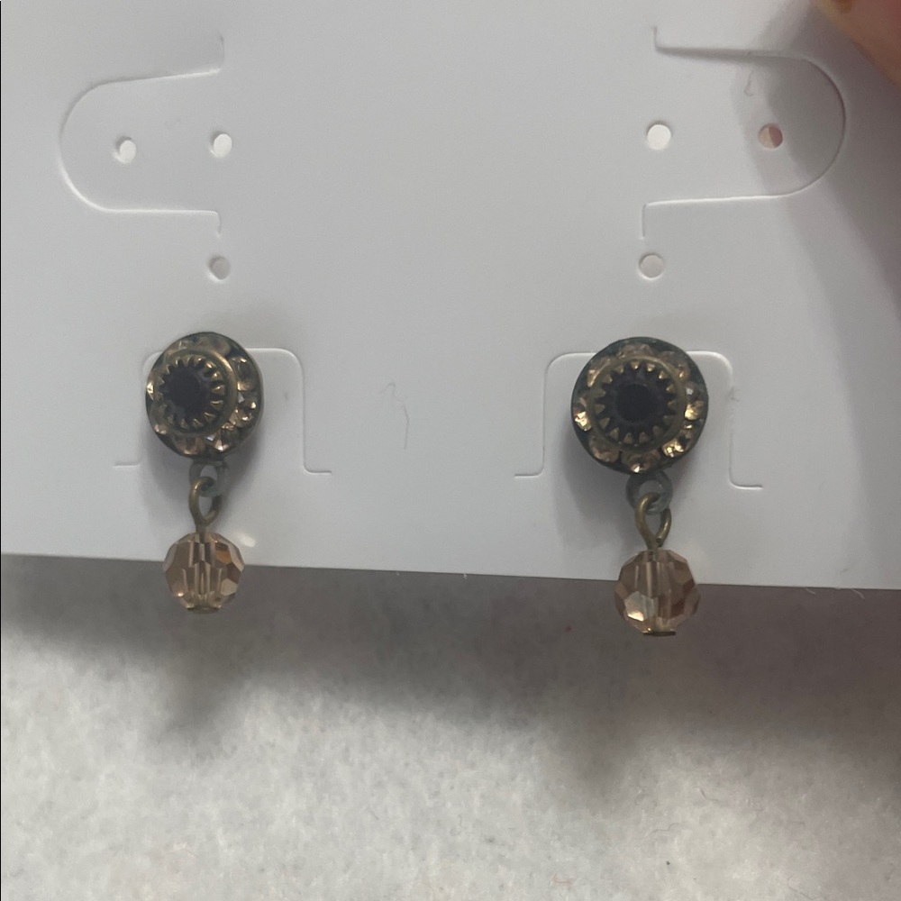 Post Earrings with red gemstone and amber drop bead.